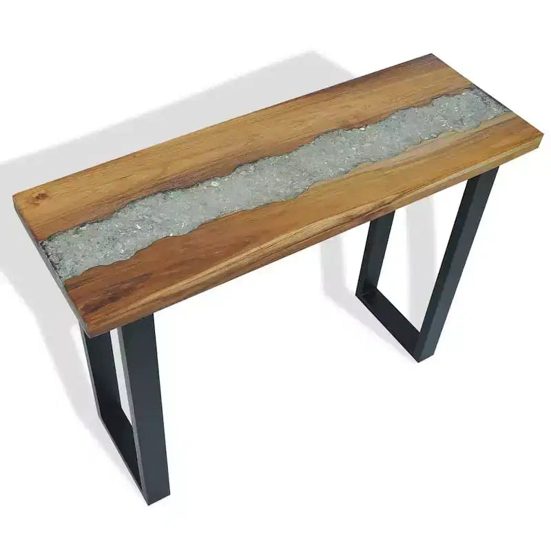 Consolle in teak naturale e nero con intarsio in resina effetto fiume, 1 pezzo