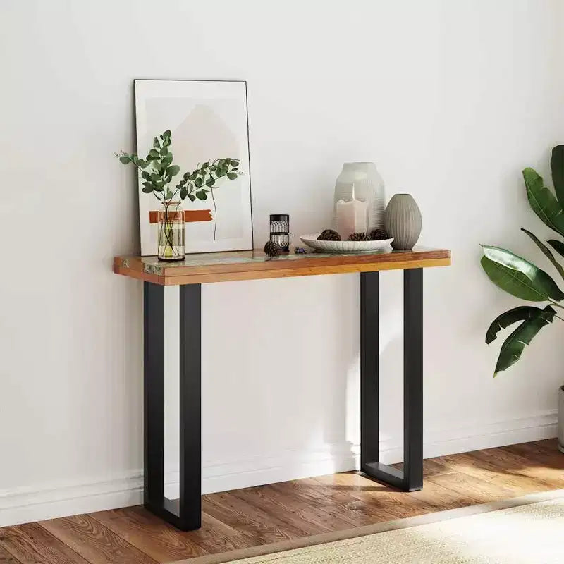 Consolle in teak naturale e nero con intarsio in resina effetto fiume, 1 pezzo