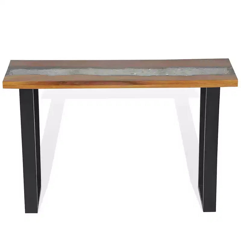 Consolle in teak naturale e nero con intarsio in resina effetto fiume, 1 pezzo