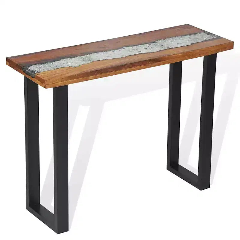 Consolle in teak naturale e nero con intarsio in resina effetto fiume, 1 pezzo