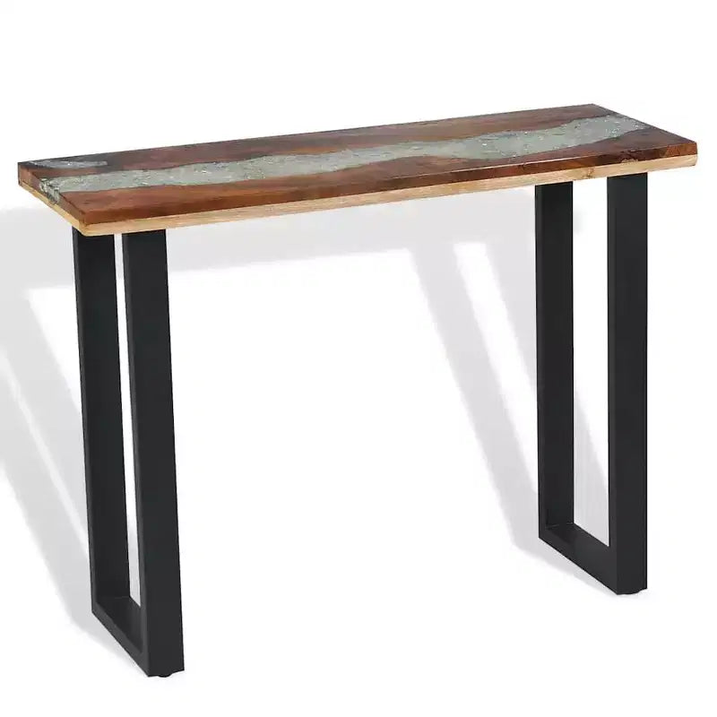 Consolle in teak naturale e nero con intarsio in resina effetto fiume, 1 pezzo