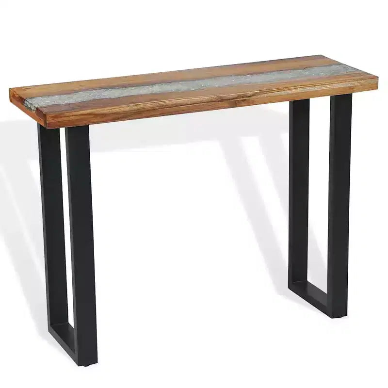 Consolle in teak naturale e nero con intarsio in resina effetto fiume, 1 pezzo