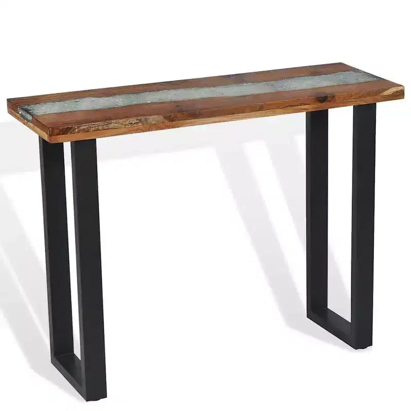 Consolle in teak naturale e nero con intarsio in resina effetto fiume, 1 pezzo