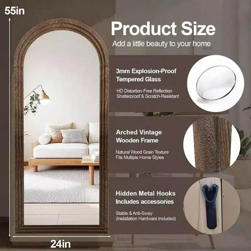 Specchio a figura intera marrone con cornice ad arco, cornice in metallo, autoportante/da parete, 1 persona