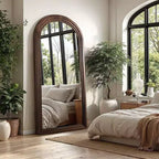 Specchio a figura intera marrone con cornice ad arco, cornice in metallo, autoportante/da parete, 1 persona