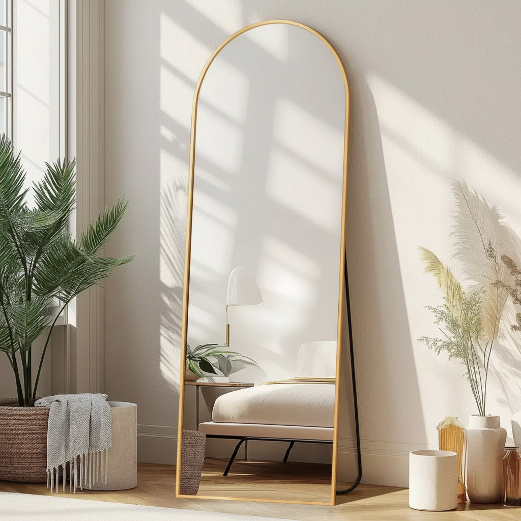 Specchio intero ad arco dorato, da terra/da parete, per 1 persona