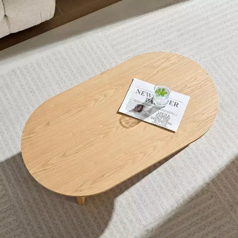 Tavolino da Caffè Ovale Marrone con Base in MDF, Posti a Sedere 1, Piano in Impiallacciatura di Legno