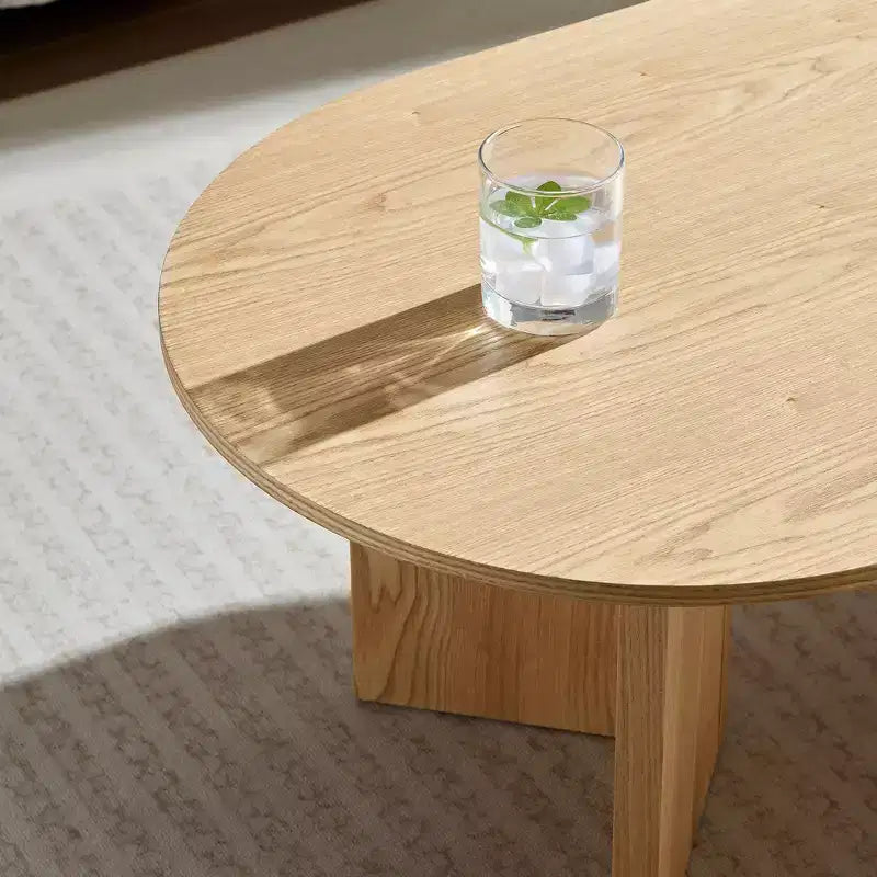 Tavolino da Caffè Ovale Marrone con Base in MDF, Posti a Sedere 1, Piano in Impiallacciatura di Legno