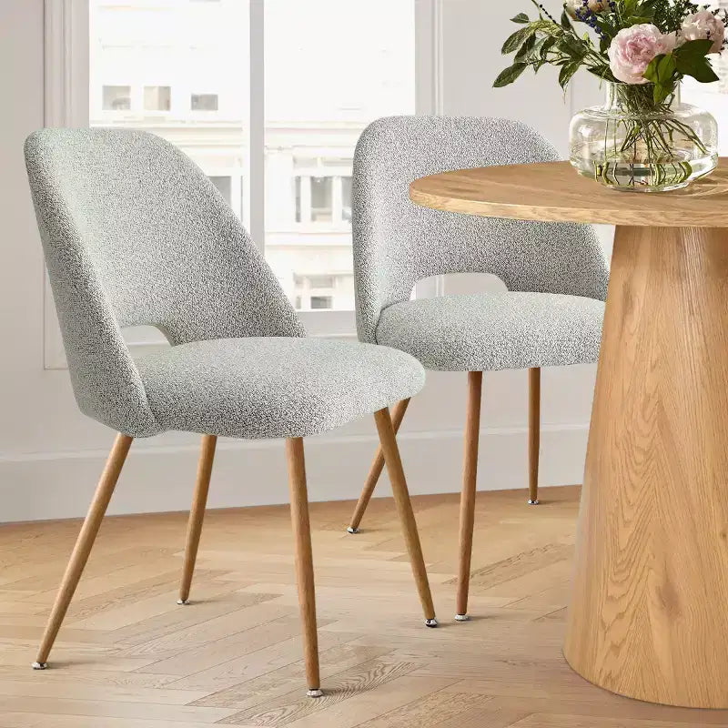 Sedia da pranzo in tessuto bouclé beige/grigio, schienale curvo, senza braccioli, set da 6