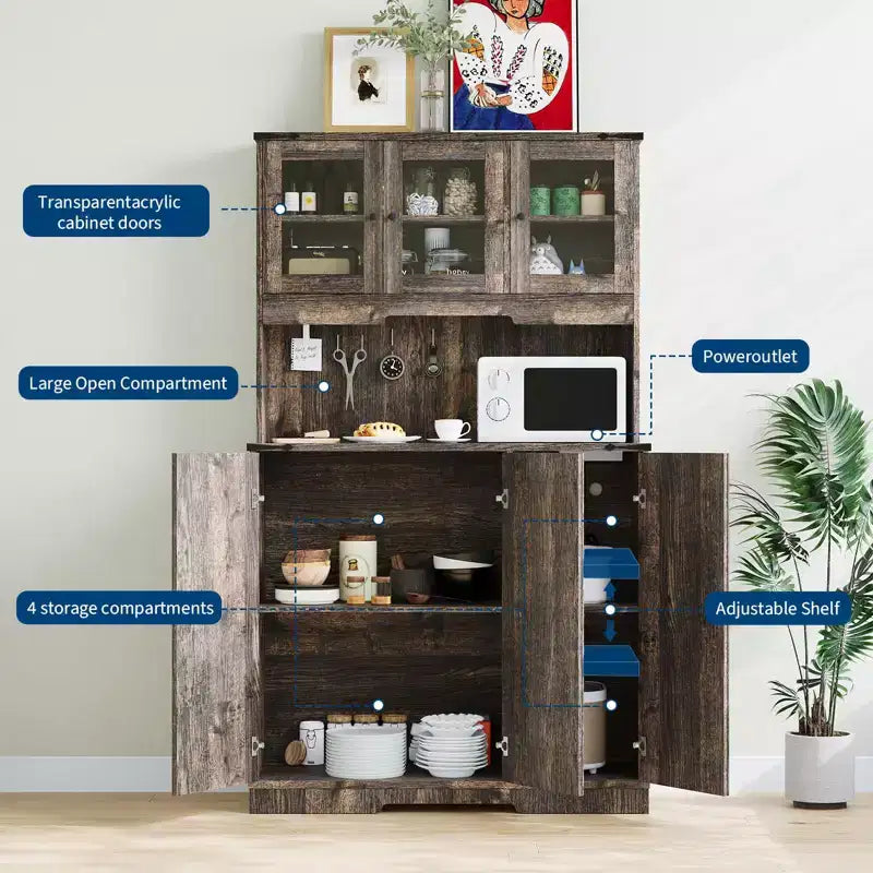 Dispensa Marrone da Cucina Stile Farmhouse con Ante in Acrilico e Presa Elettrica, 178 cm, 1 Persona
