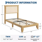 Struttura letto a piattaforma in rattan naturale bohémien con testiera a LED – Matrimoniale a una piazza/Matrimoniale/Queen size