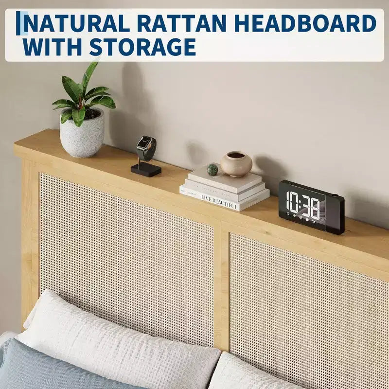 Struttura letto a piattaforma in rattan naturale bohémien con testiera a LED – Matrimoniale a una piazza/Matrimoniale/Queen size