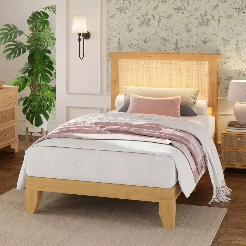 Struttura letto a piattaforma in rattan naturale bohémien con testiera a LED – Matrimoniale a una piazza/Matrimoniale/Queen size