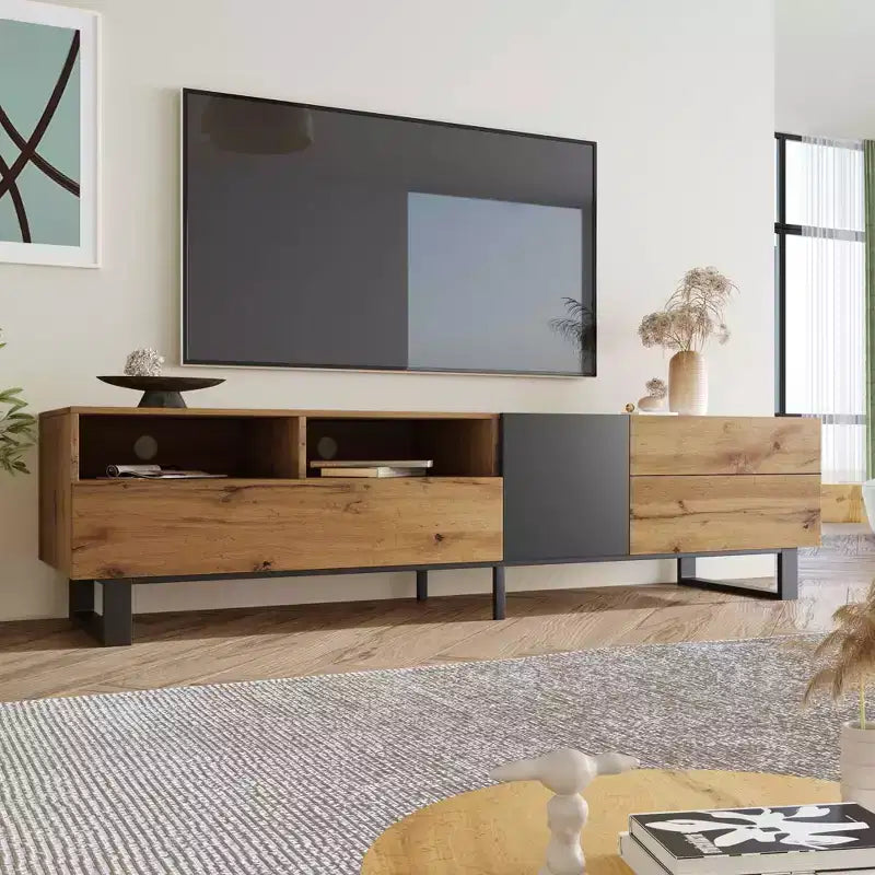 Mobile TV in Legno Marrone con Anta a Ribalta, Adatto per TV fino a 80", Montaggio per 1 Persona
