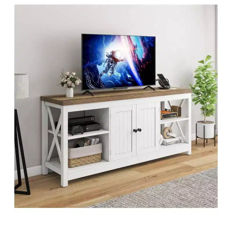 TV Stand up to 65 Inches with Power Outlets, Farmhouse Entertainment Center Cabinet with Storage Shelves for Living Room,White &Grey Wash