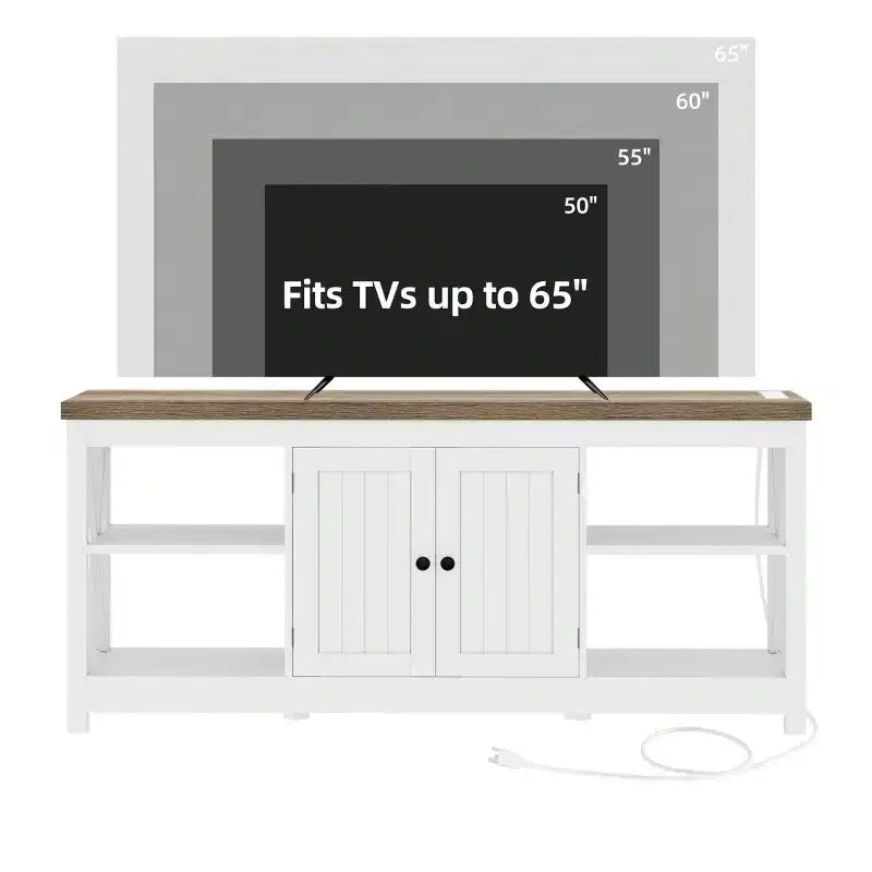 Mobile porta TV rustico con finitura bianca e grigia, con prese di corrente, adatto per TV fino a 65"