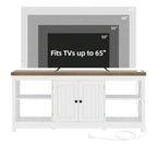 Mobile porta TV rustico con finitura bianca e grigia, con prese di corrente, adatto per TV fino a 65"
