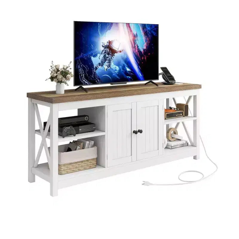 Mobile porta TV rustico con finitura bianca e grigia, con prese di corrente, adatto per TV fino a 65"