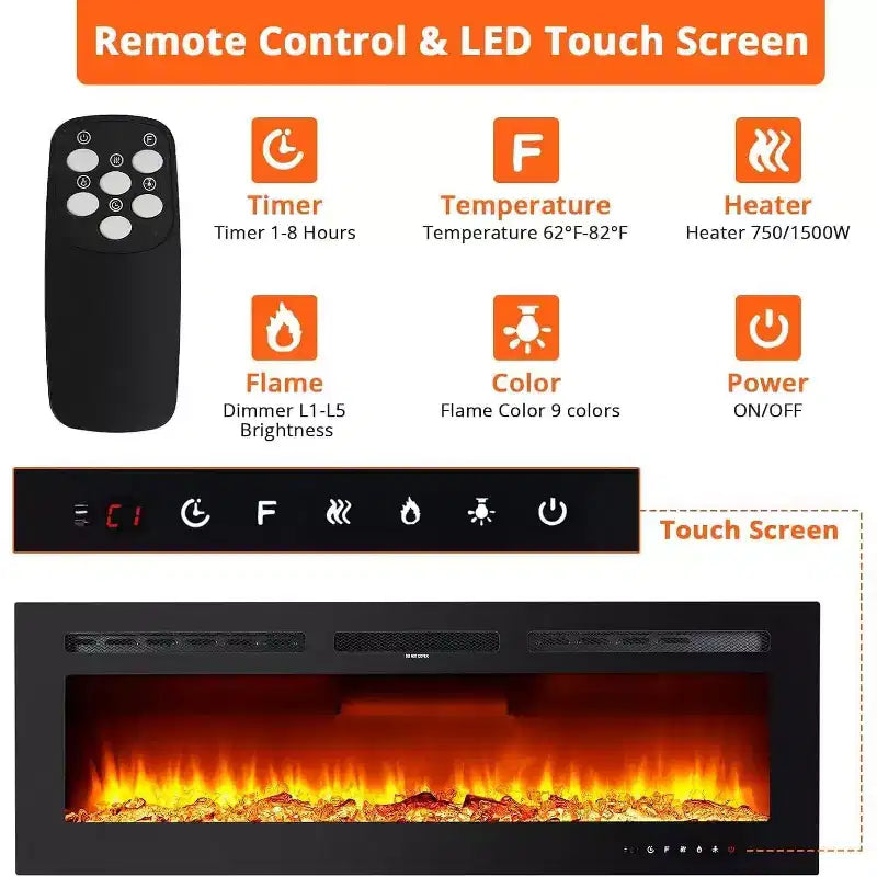 Caminetto Elettrico Nero 60", a Parete/Incasso, Termoventilatore a 2 Impostazioni, 12 Colori Fiamma