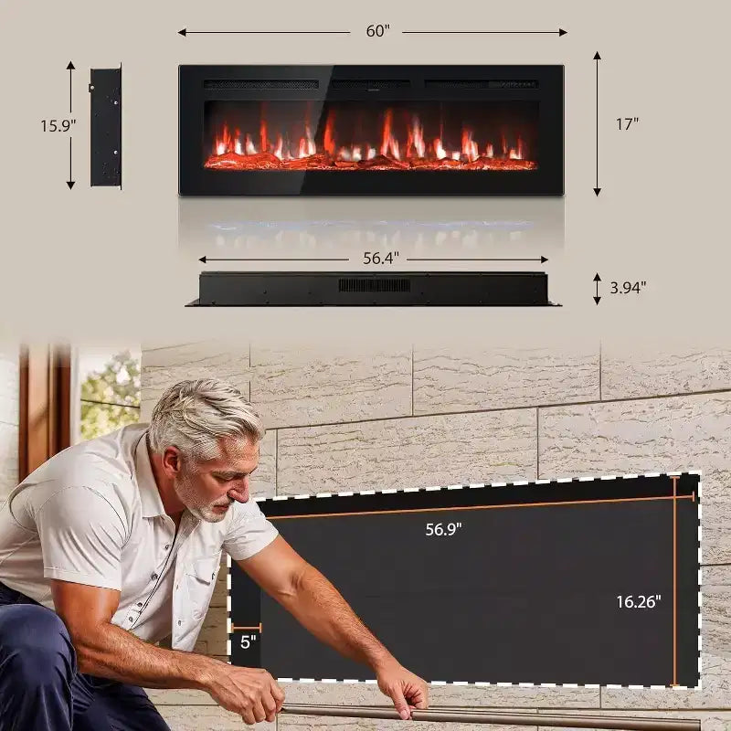 Caminetto Elettrico Nero 60", a Parete/Incasso, Termoventilatore a 2 Impostazioni, 12 Colori Fiamma