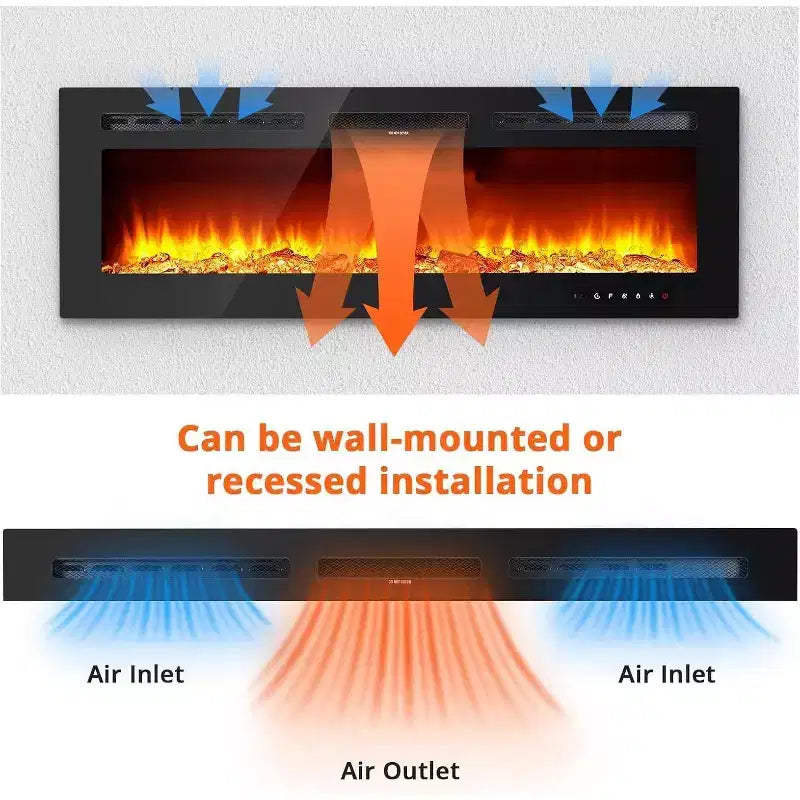 Caminetto Elettrico Nero 60", a Parete/Incasso, Termoventilatore a 2 Impostazioni, 12 Colori Fiamma