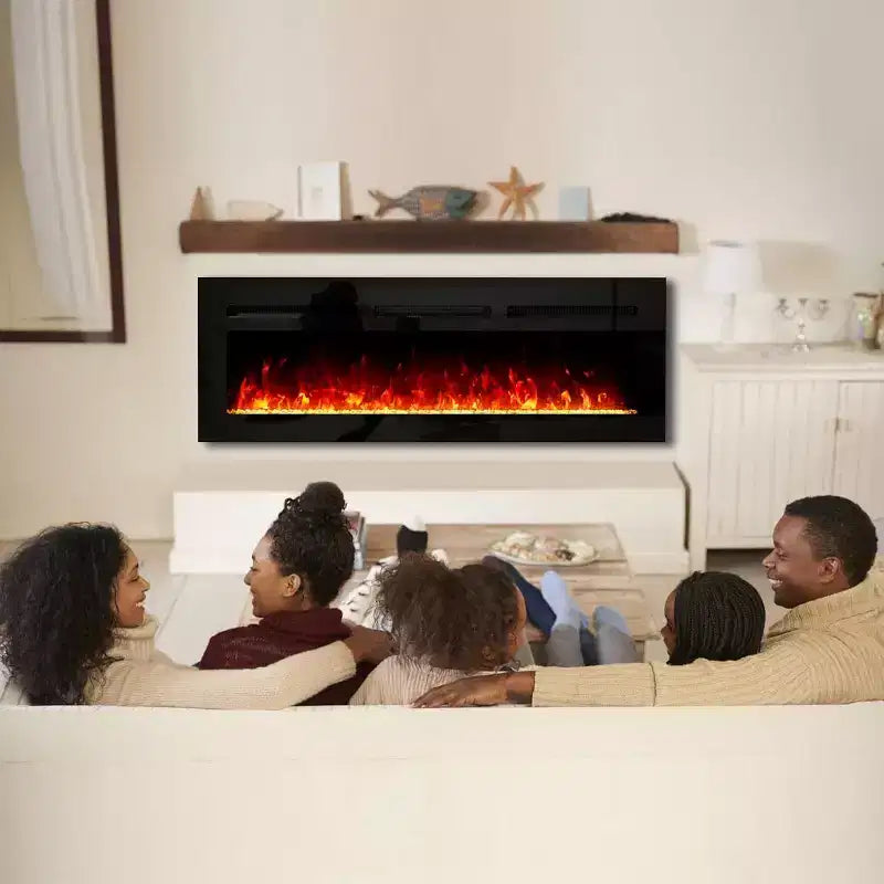 Caminetto Elettrico Nero 60", a Parete/Incasso, Termoventilatore a 2 Impostazioni, 12 Colori Fiamma