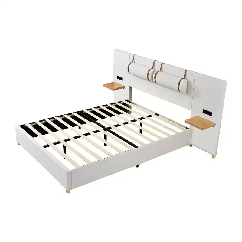 Letto Matrimoniale a Piattaforma Queen in Velluto Beige per 2 – Porte USB, Prese e Contenitore