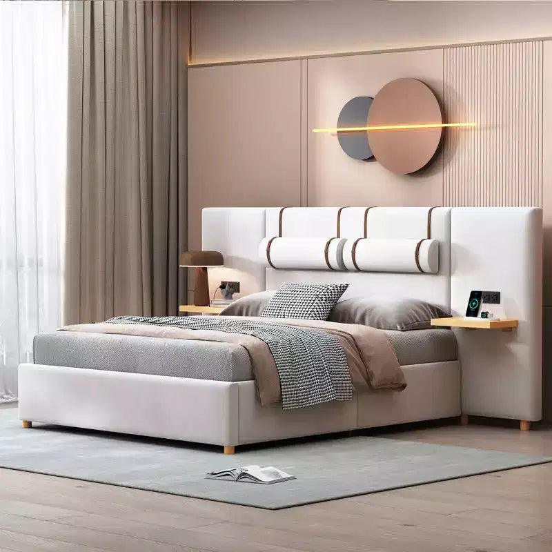 Letto Matrimoniale a Piattaforma Queen in Velluto Beige per 2 – Porte USB, Prese e Contenitore
