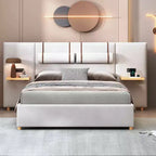 Letto Matrimoniale a Piattaforma Queen in Velluto Beige per 2 – Porte USB, Prese e Contenitore