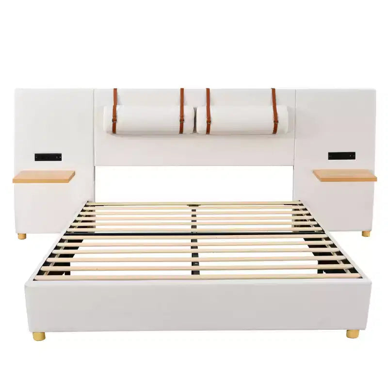 Letto Matrimoniale a Piattaforma Queen in Velluto Beige per 2 – Porte USB, Prese e Contenitore