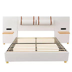 Letto Matrimoniale a Piattaforma Queen in Velluto Beige per 2 – Porte USB, Prese e Contenitore