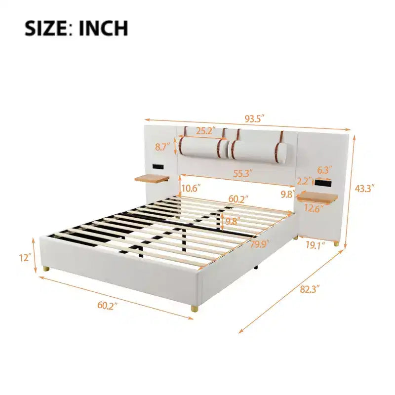 Letto Matrimoniale a Piattaforma Queen in Velluto Beige per 2 – Porte USB, Prese e Contenitore