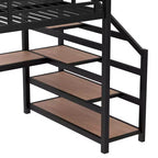 Letto a soppalco in metallo nero con scrivania, luci a LED e porte USB, Full/Queen, 1 persona