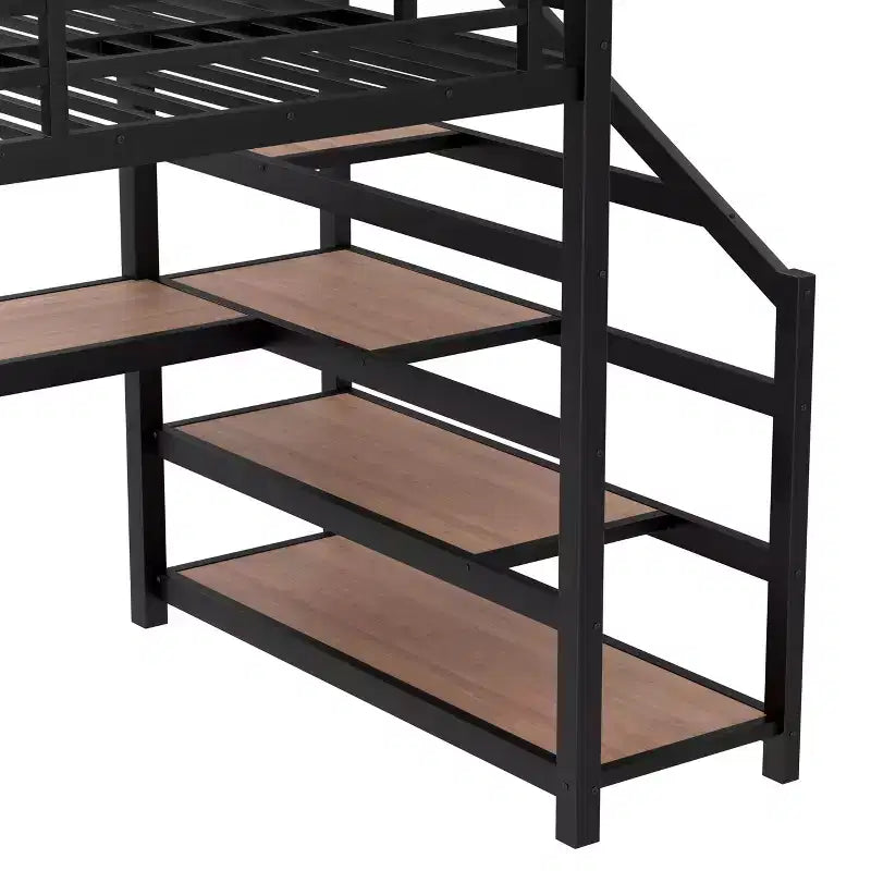 Letto a soppalco in metallo nero con scrivania, luci a LED e porte USB, Full/Queen, 1 persona