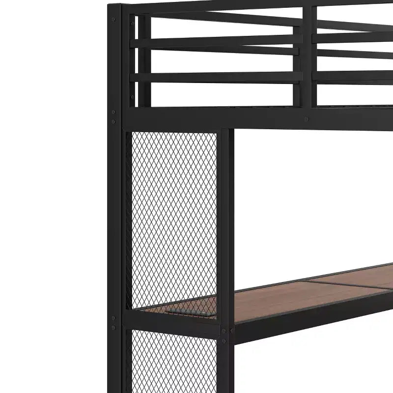 Letto a soppalco in metallo nero con scrivania, luci a LED e porte USB, Full/Queen, 1 persona