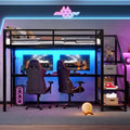 Letto a soppalco in metallo nero con scrivania, luci a LED e porte USB, Full/Queen, 1 persona