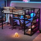 Letto a soppalco in metallo nero con scrivania, luci a LED e porte USB, Full/Queen, 1 persona