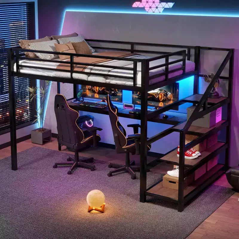 Letto a soppalco in metallo nero con scrivania, luci a LED e porte USB, Full/Queen, 1 persona