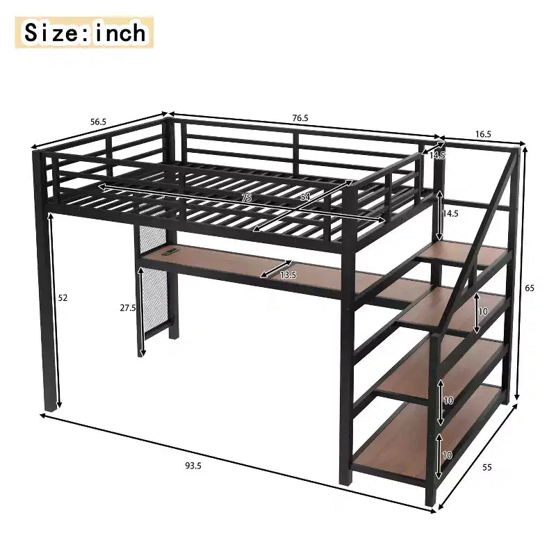 Letto a soppalco in metallo nero con scrivania, luci a LED e porte USB, Full/Queen, 1 persona