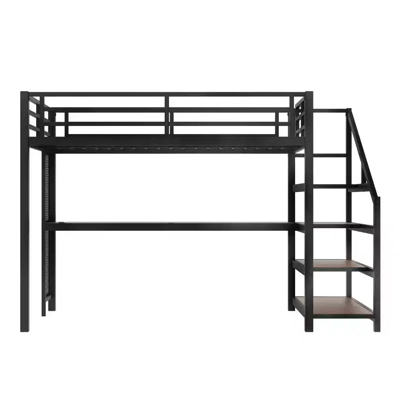 Letto a soppalco in metallo nero con scrivania, luci a LED e porte USB, Full/Queen, 1 persona