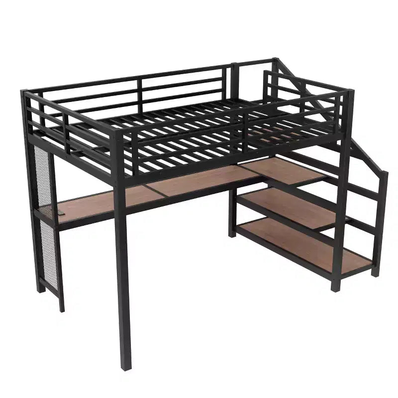 Letto a soppalco in metallo nero con scrivania, luci a LED e porte USB, Full/Queen, 1 persona