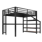Letto a soppalco in metallo nero con scrivania, luci a LED e porte USB, Full/Queen, 1 persona