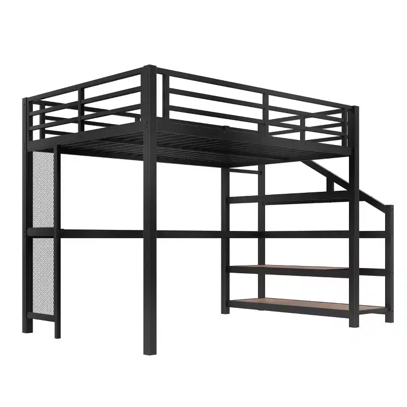 Letto a soppalco in metallo nero con scrivania, luci a LED e porte USB, Full/Queen, 1 persona