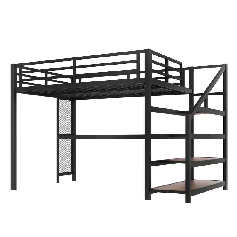 Letto a soppalco in metallo nero con scrivania, luci a LED e porte USB, Full/Queen, 1 persona