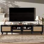 Mobile TV in Rattan Naturale per Televisori fino a 85", Consolle Multimediale a 2 Ante con Gambe in Legno Massello