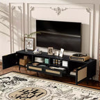 Mobile TV in Rattan Naturale per Televisori fino a 85", Consolle Multimediale a 2 Ante con Gambe in Legno Massello