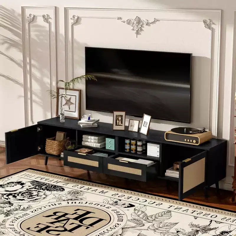 Mobile TV in Rattan Naturale per Televisori fino a 85", Consolle Multimediale a 2 Ante con Gambe in Legno Massello