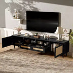 Mobile TV in Rattan Naturale per Televisori fino a 85", Consolle Multimediale a 2 Ante con Gambe in Legno Massello