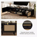 Mobile TV in Rattan Naturale per Televisori fino a 85", Consolle Multimediale a 2 Ante con Gambe in Legno Massello