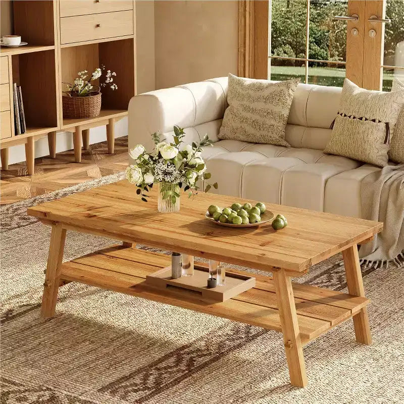 Tavolino da Caffè Rettangolare a 2 Ripiani in Legno Massello Marrone, 120 cm, con 4 Gambe